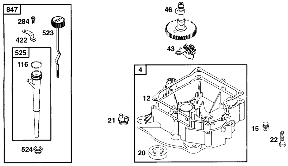 Oil Fill, Sump Diagram and Parts List for 255707-0124-XX  Briggs and Stratton Engine